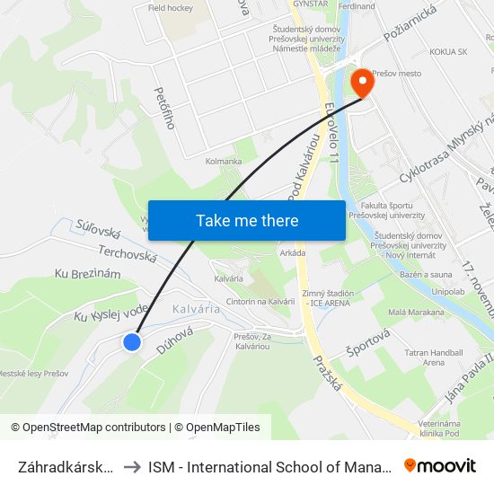 Záhradkárska Osada to ISM - International School of Management v Prešove map