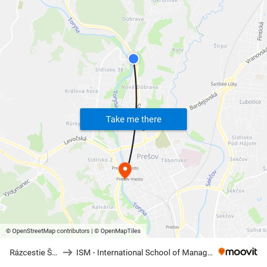 Rázcestie Šidlovec to ISM - International School of Management v Prešove map