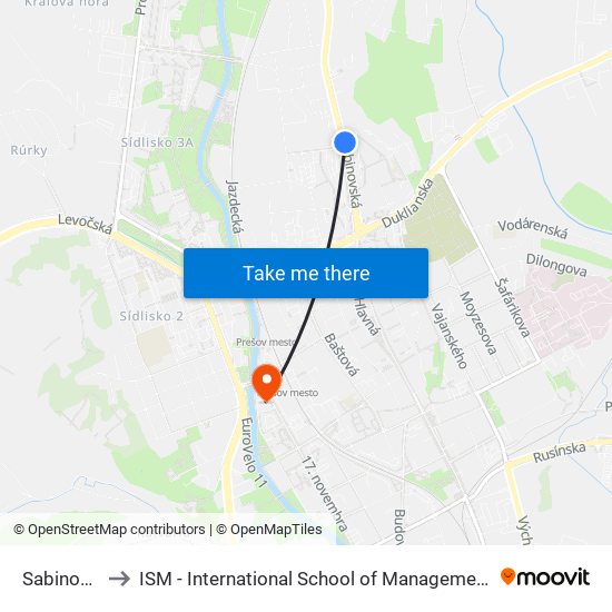 Sabinovská to ISM - International School of Management v Prešove map