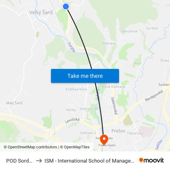 POD Sordokom to ISM - International School of Management v Prešove map