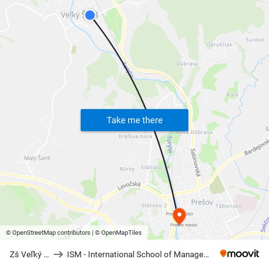 Zš Veľký Šariš to ISM - International School of Management v Prešove map