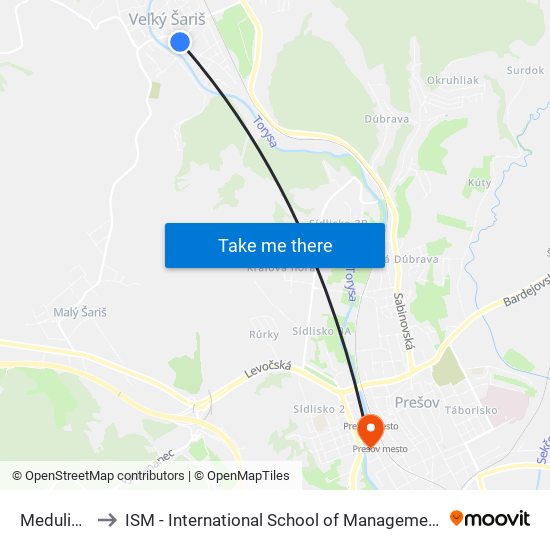 Medulienka to ISM - International School of Management v Prešove map