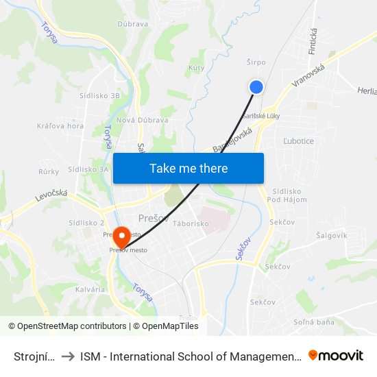 Strojnícka to ISM - International School of Management v Prešove map