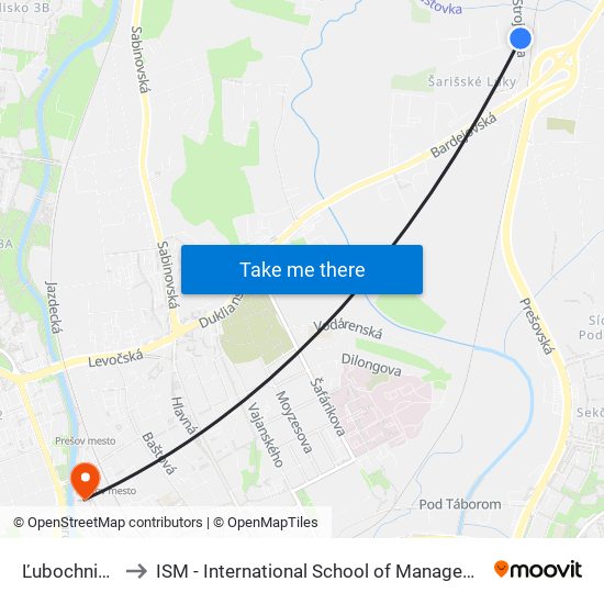 Ľubochnianska to ISM - International School of Management v Prešove map