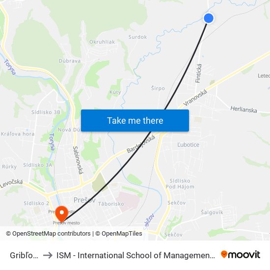 Gribľovec to ISM - International School of Management v Prešove map