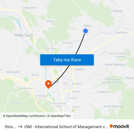 Ihrisko to ISM - International School of Management v Prešove map
