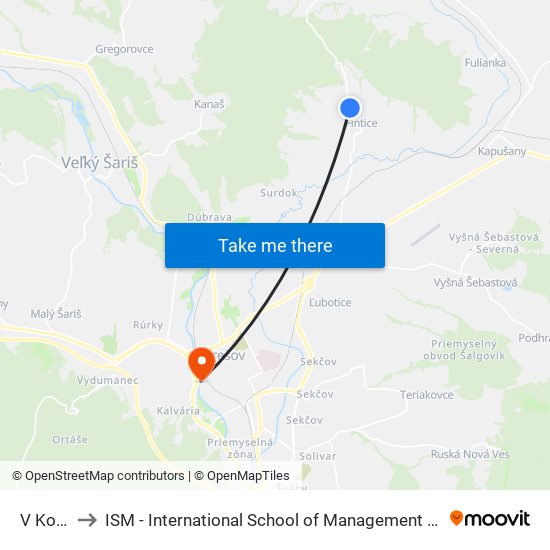 V Kopci to ISM - International School of Management v Prešove map