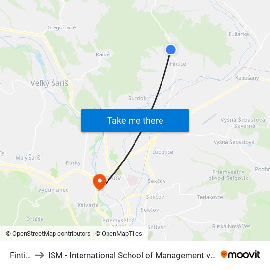 Fintice to ISM - International School of Management v Prešove map