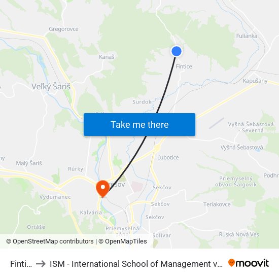 Fintice to ISM - International School of Management v Prešove map