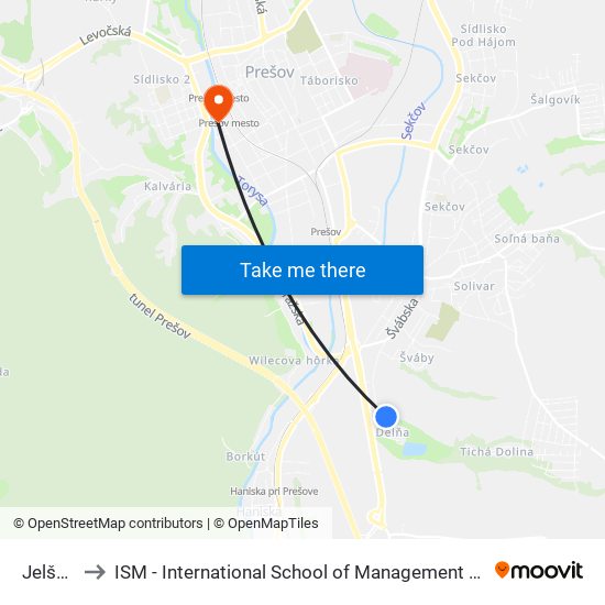 Jelšová to ISM - International School of Management v Prešove map