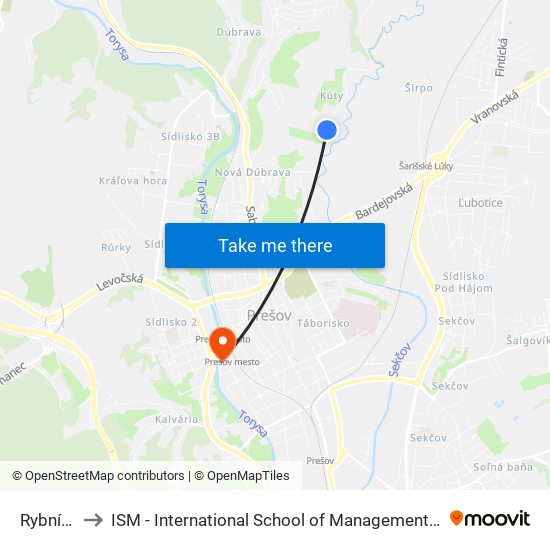 Rybníčky to ISM - International School of Management v Prešove map