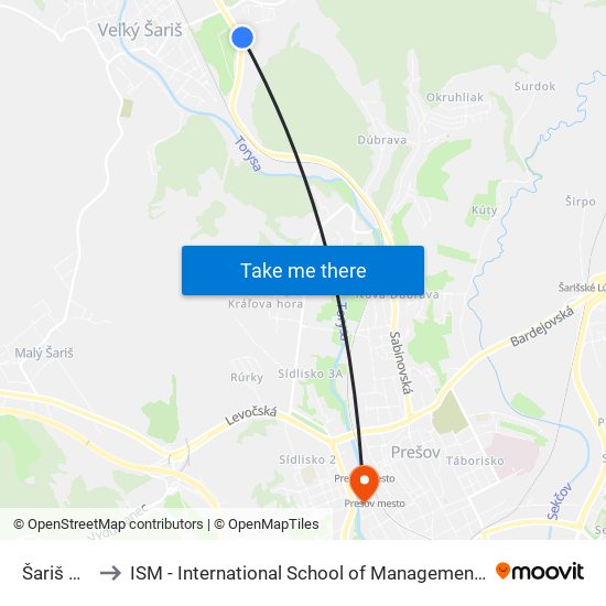 Šariš Park to ISM - International School of Management v Prešove map