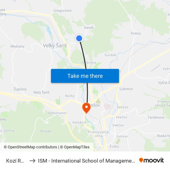 Kozí Rožok to ISM - International School of Management v Prešove map