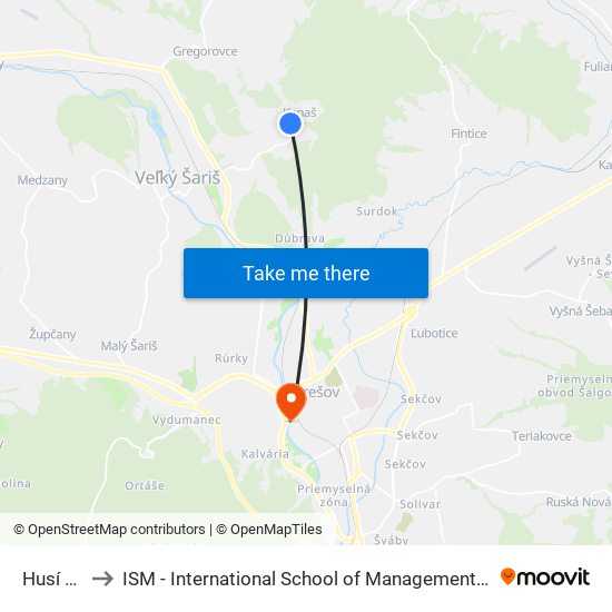 Husí Hrb to ISM - International School of Management v Prešove map
