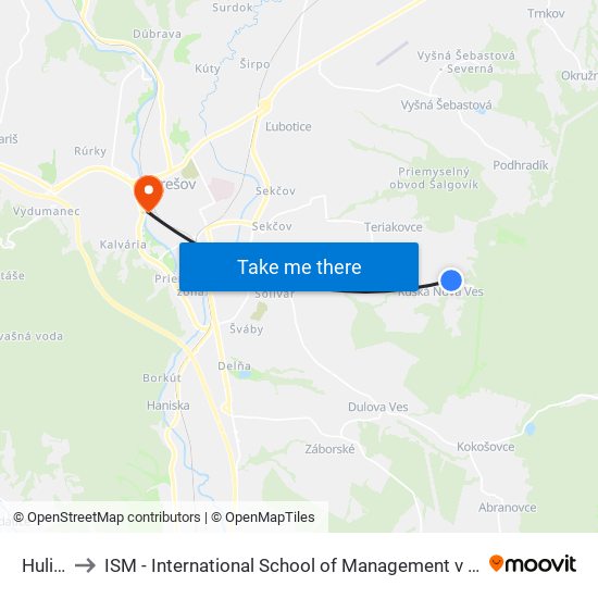 Hulica to ISM - International School of Management v Prešove map