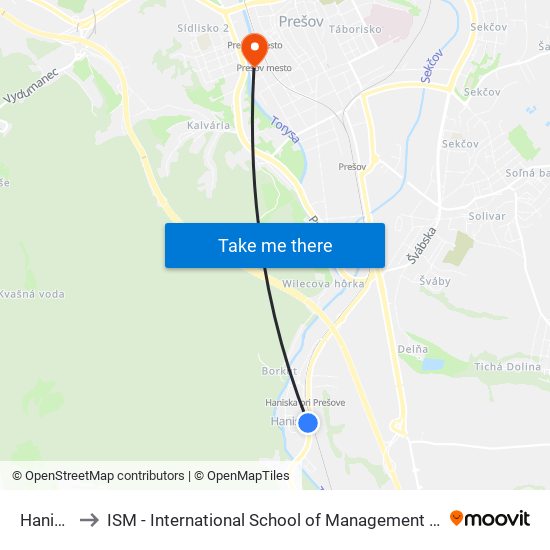 Haniska to ISM - International School of Management v Prešove map