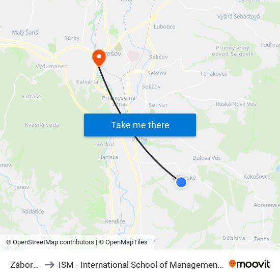 Záborské to ISM - International School of Management v Prešove map