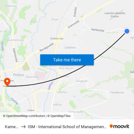 Kamence to ISM - International School of Management v Prešove map