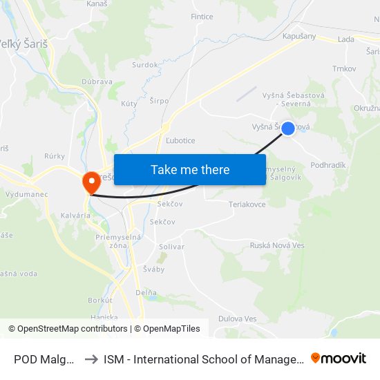 POD Malgovcom to ISM - International School of Management v Prešove map