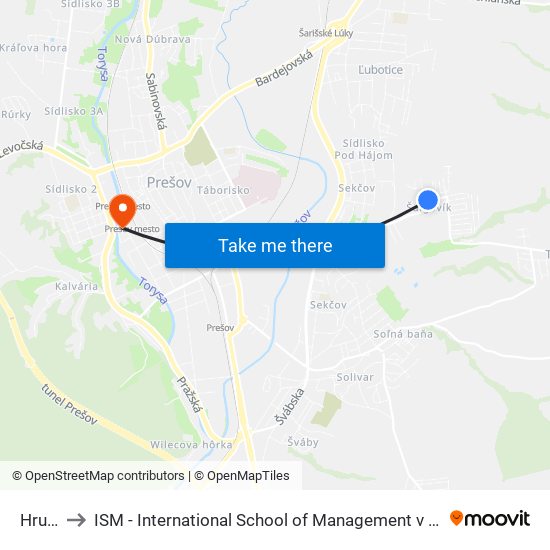 Hruny to ISM - International School of Management v Prešove map