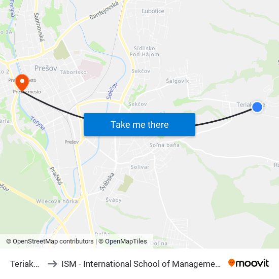 Teriakovce to ISM - International School of Management v Prešove map