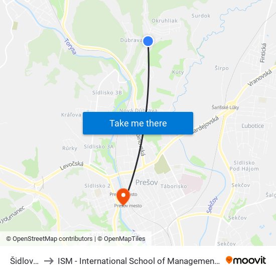 Šidlovská to ISM - International School of Management v Prešove map