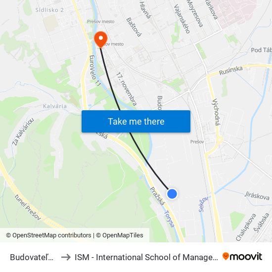 Budovateľská, 67 to ISM - International School of Management v Prešove map