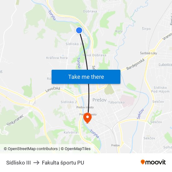 Sídlisko III to Fakulta športu PU map