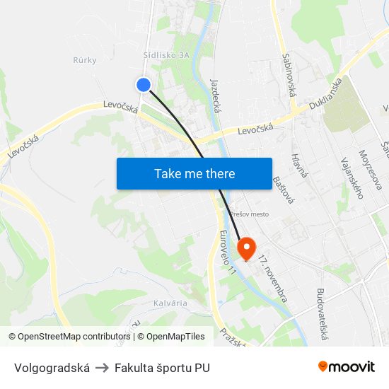 Volgogradská to Fakulta športu PU map