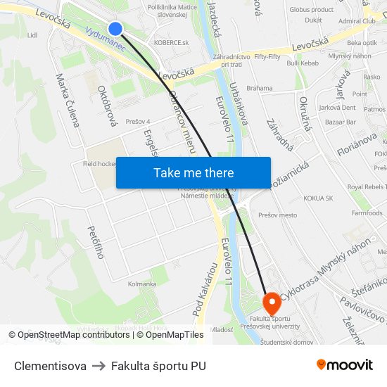 Clementisova to Fakulta športu PU map