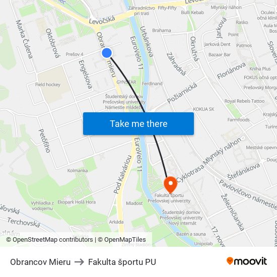 Obrancov Mieru to Fakulta športu PU map