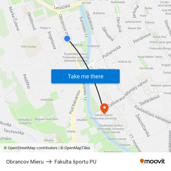 Obrancov Mieru to Fakulta športu PU map