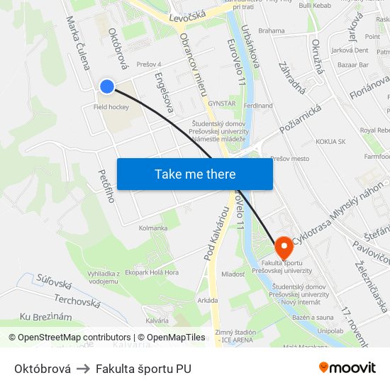 Októbrová to Fakulta športu PU map