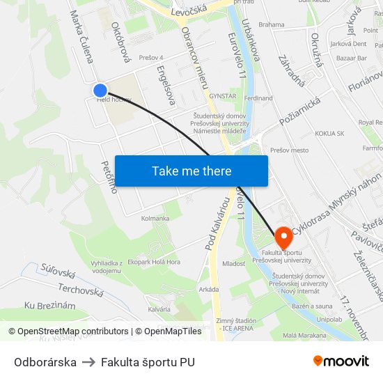 Odborárska to Fakulta športu PU map