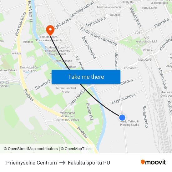 Priemyselné Centrum to Fakulta športu PU map