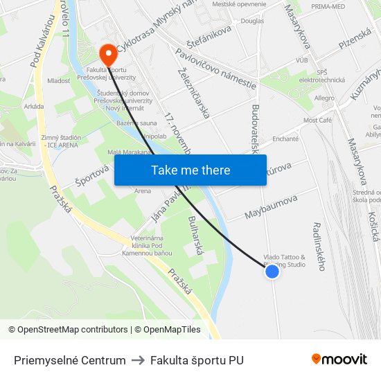 Priemyselné Centrum to Fakulta športu PU map