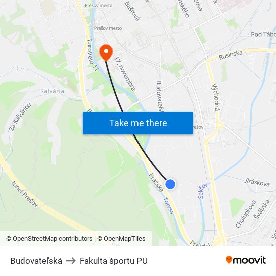 Budovateľská to Fakulta športu PU map