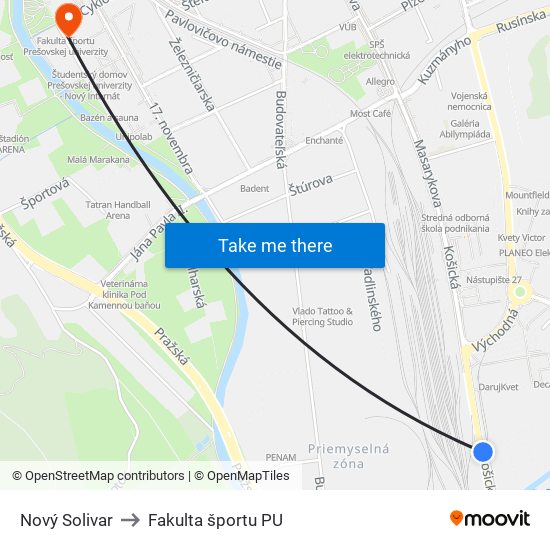 Nový Solivar to Fakulta športu PU map