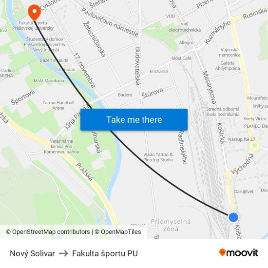 Nový Solivar to Fakulta športu PU map