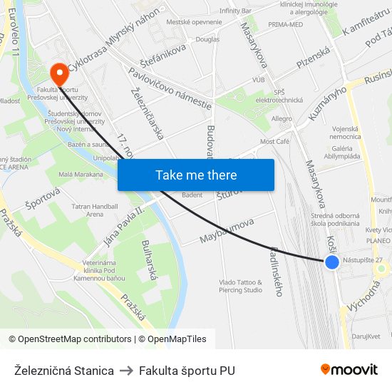 Železničná Stanica to Fakulta športu PU map