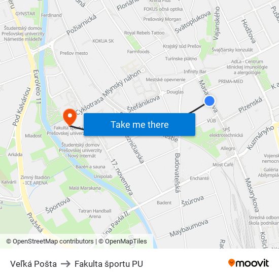 Veľká Pošta to Fakulta športu PU map