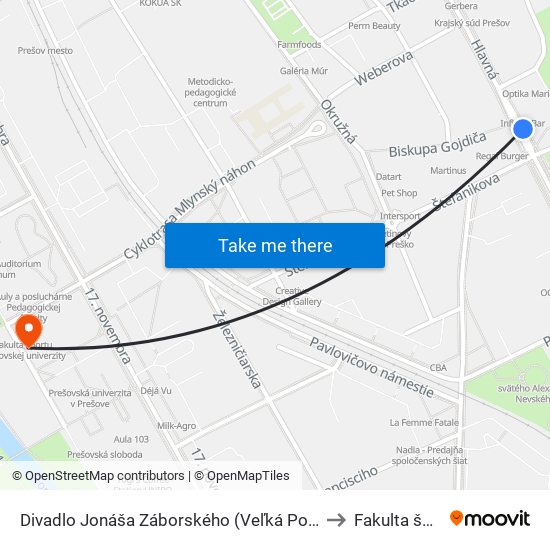 Divadlo Jonáša Záborského (Veľká Pošta - Smer Veľký Šariš) to Fakulta športu PU map