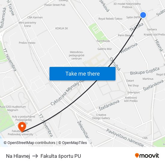 Na Hlavnej to Fakulta športu PU map