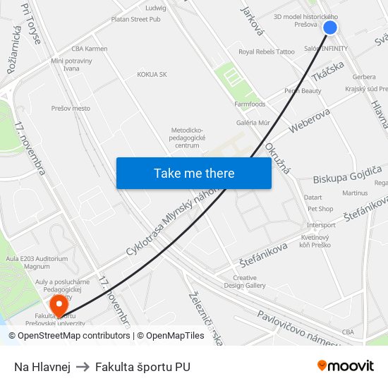 Na Hlavnej to Fakulta športu PU map