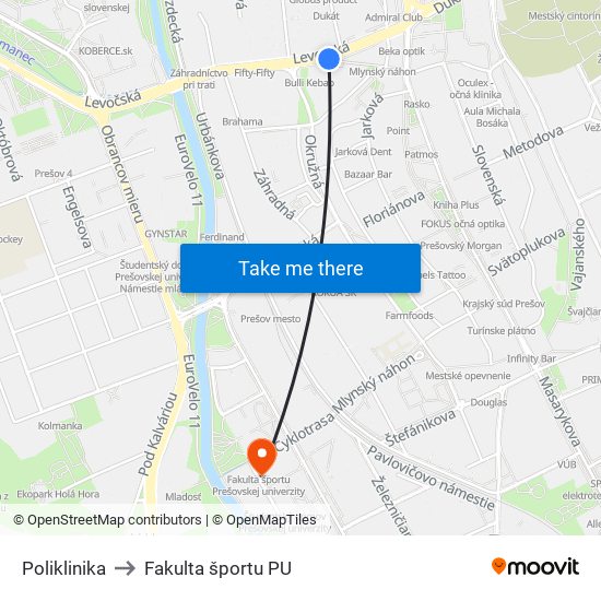 Poliklinika to Fakulta športu PU map