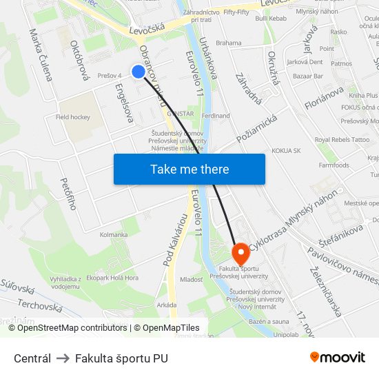 Centrál to Fakulta športu PU map