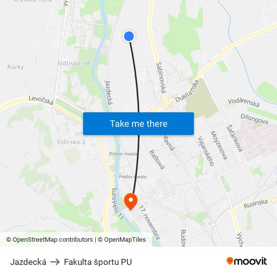 Jazdecká to Fakulta športu PU map