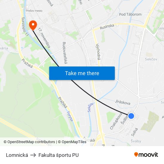 Lomnická to Fakulta športu PU map