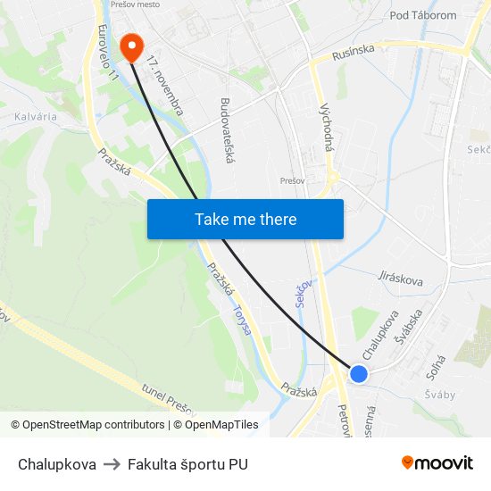 Chalupkova to Fakulta športu PU map