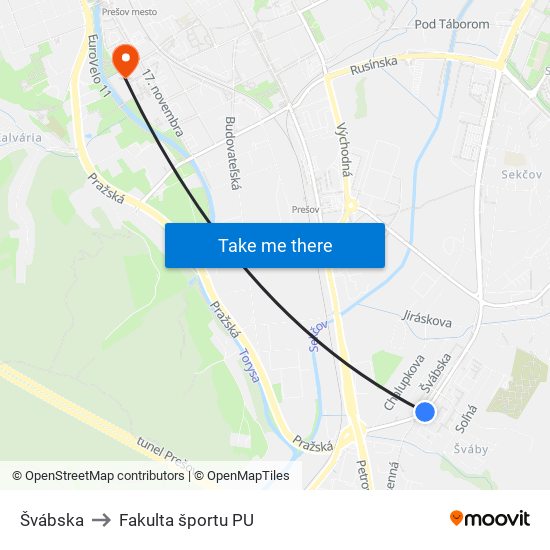 Švábska to Fakulta športu PU map